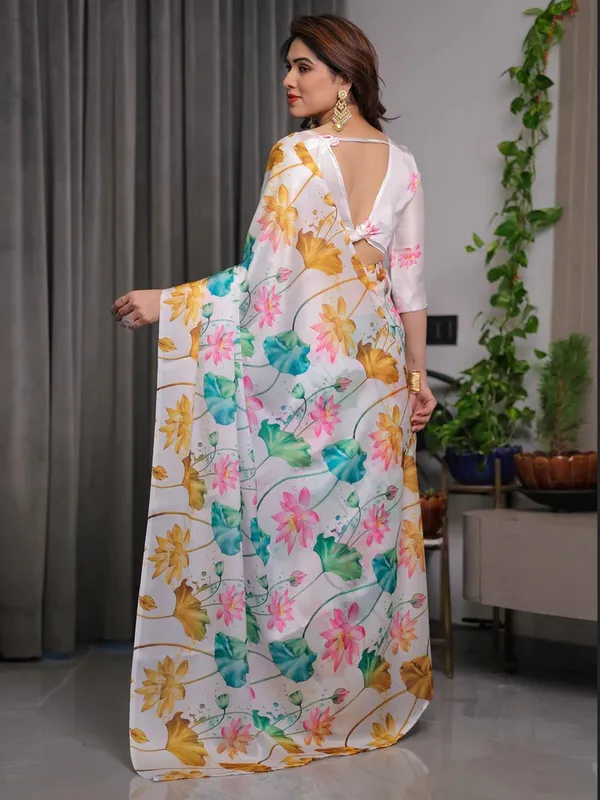White Satin Floral Print Saree with Unstitched Blouse Piece