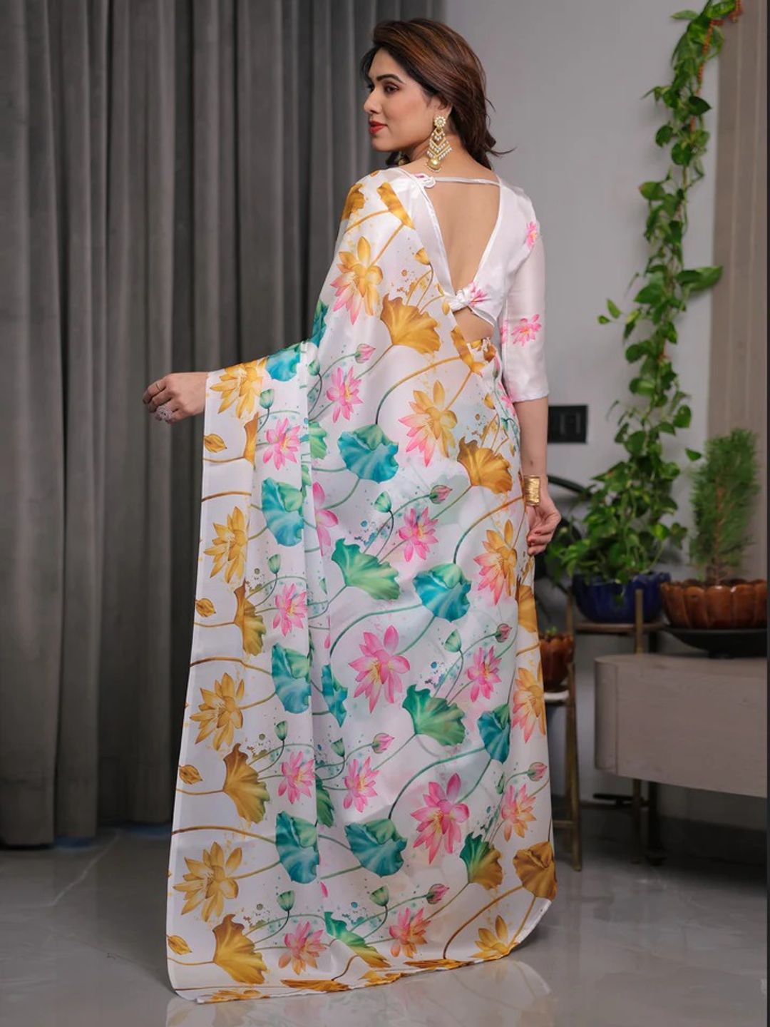 White Satin Floral Print Saree with Unstitched Blouse Piece