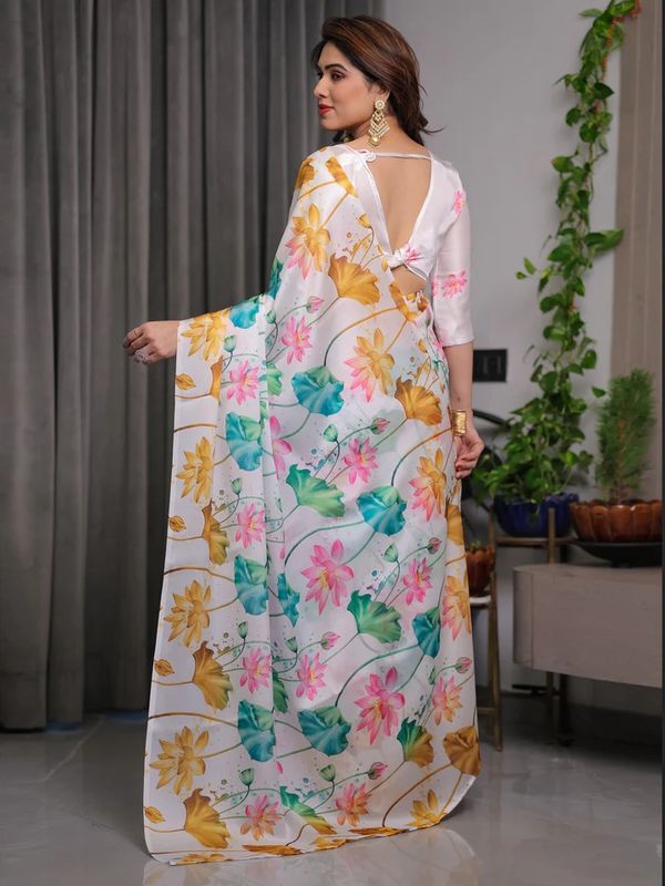 White Satin Floral Print Saree with Unstitched Blouse Piece