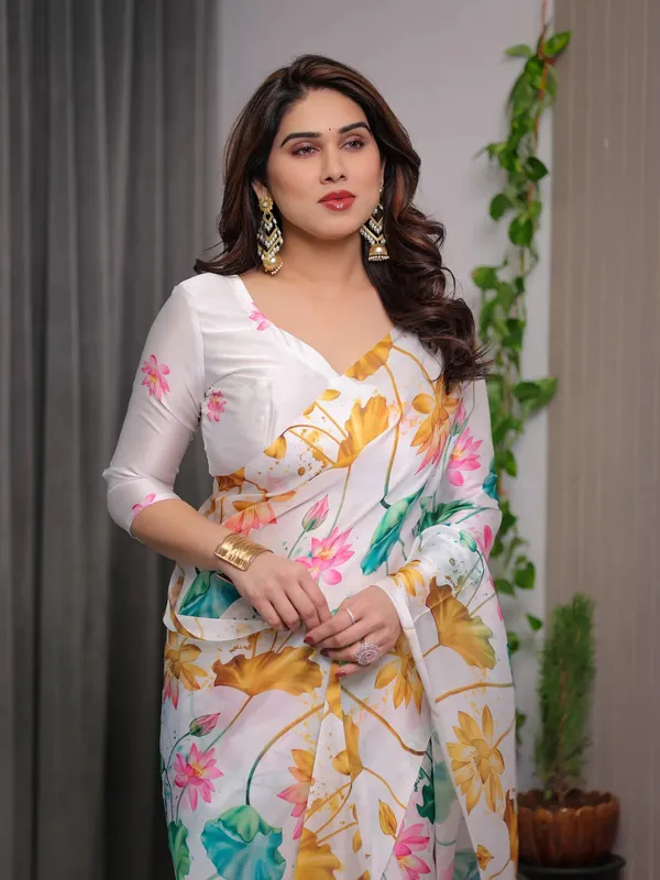 White Satin Floral Print Saree with Unstitched Blouse Piece