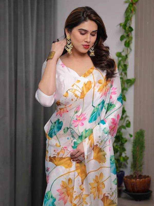 White Satin Floral Print Saree with Unstitched Blouse Piece