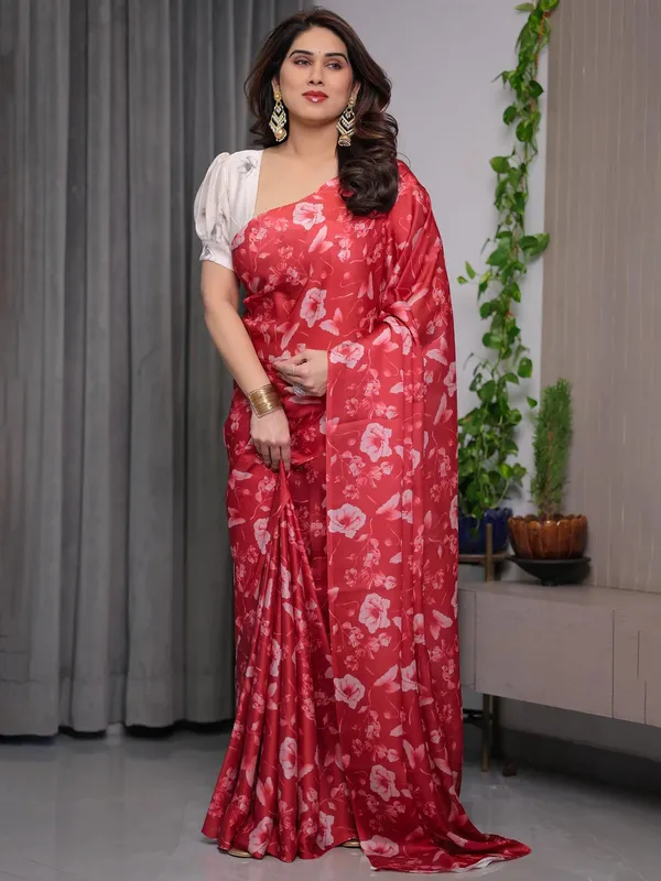 Red Satin Floral Print Saree with Unstitched Blouse Textile