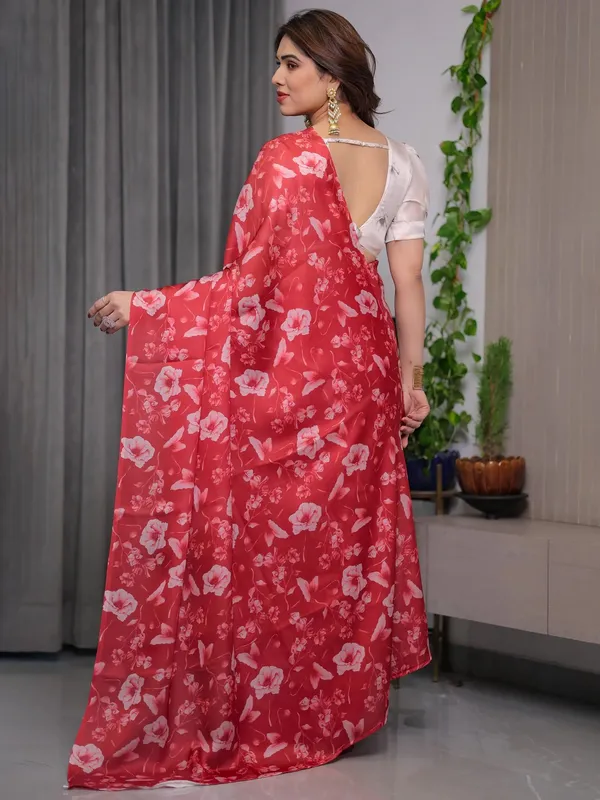 Red Satin Floral Print Saree with Unstitched Blouse Textile
