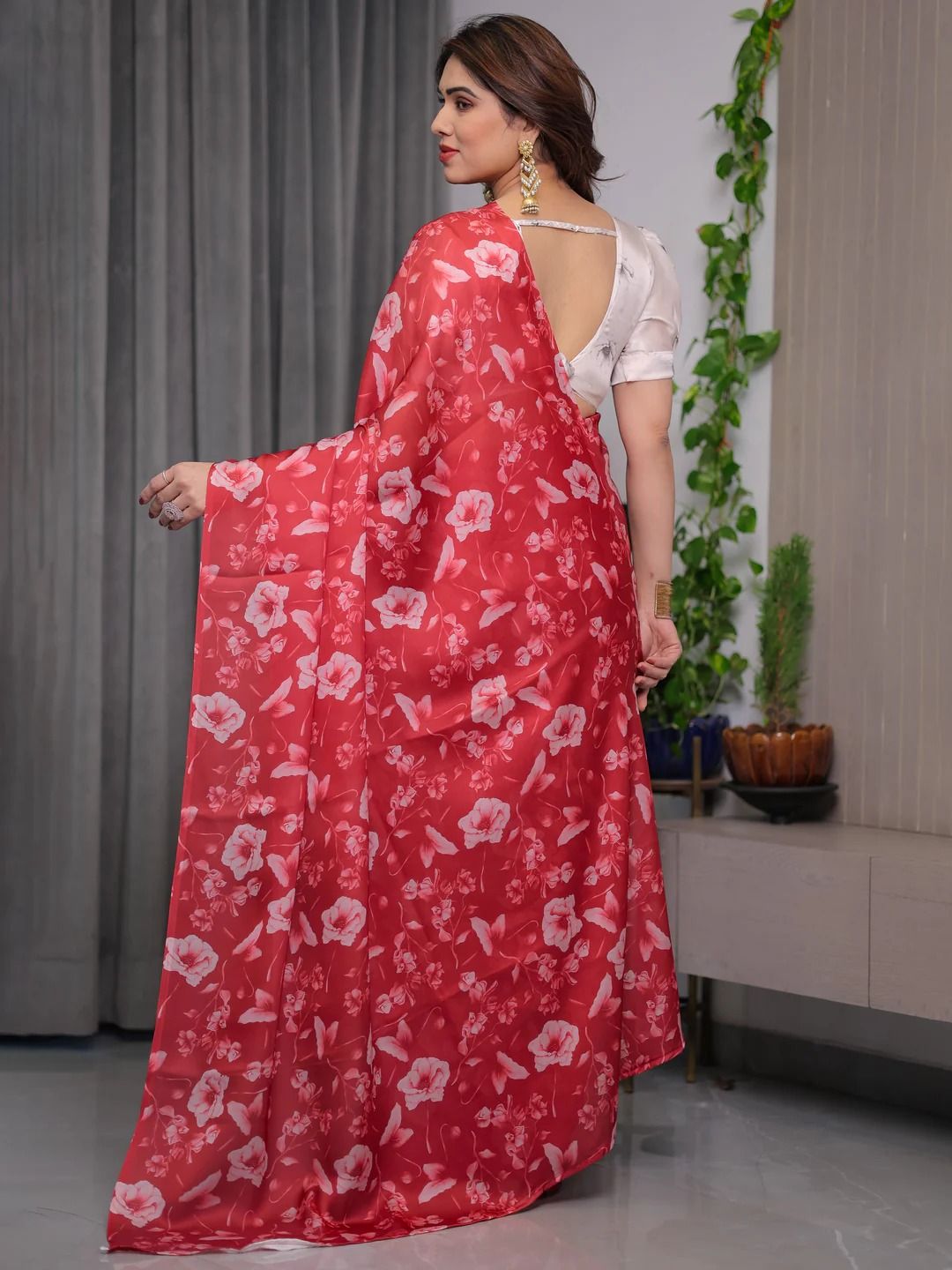 Red Satin Floral Print Saree with Unstitched Blouse Textile