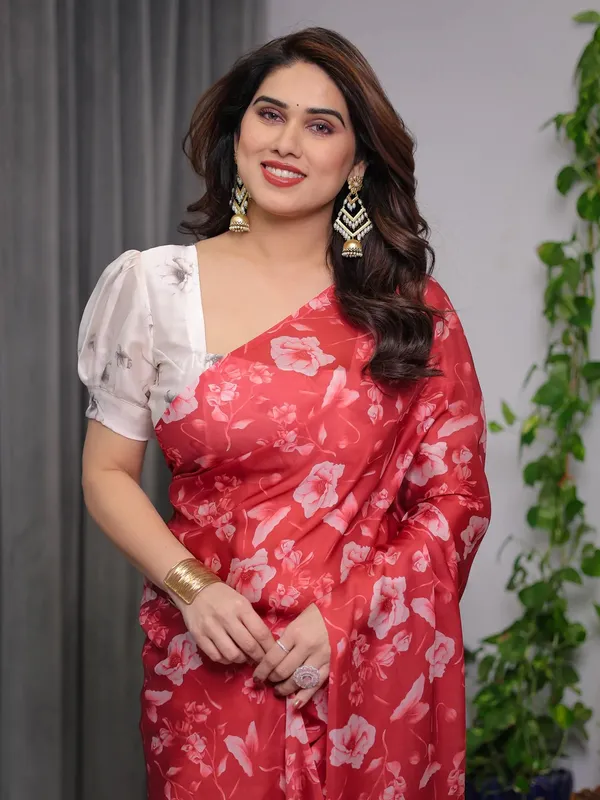 Red Satin Floral Print Saree with Unstitched Blouse Textile