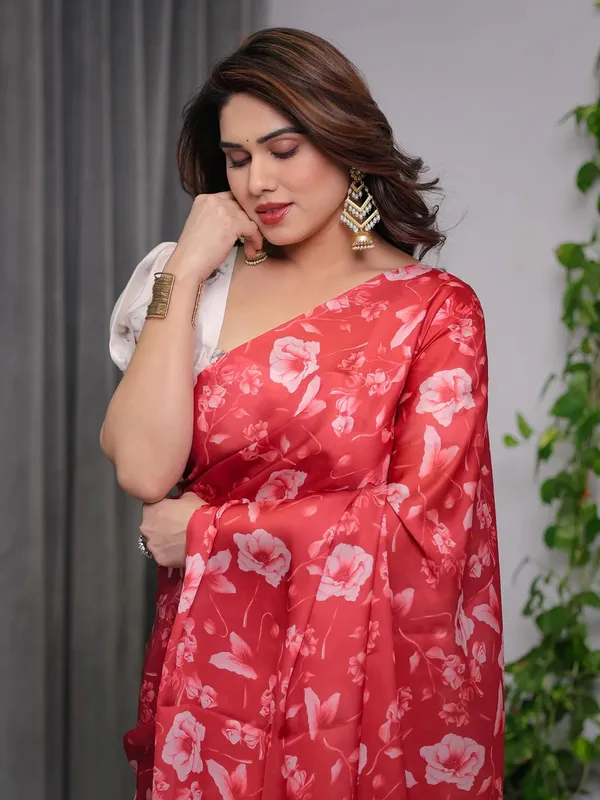 Red Satin Floral Print Saree with Unstitched Blouse Textile