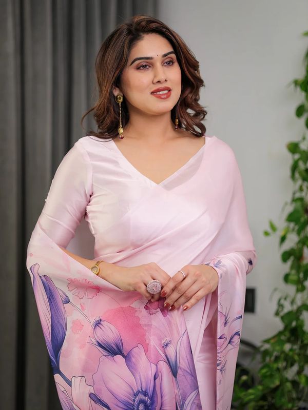 Light Pink Floral Satin Saree with Unstitched Blouse Fabric