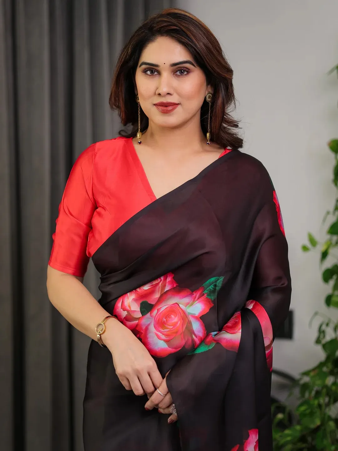 Black Satin Rose Floral Saree with Unstitched Blouse Fabric
