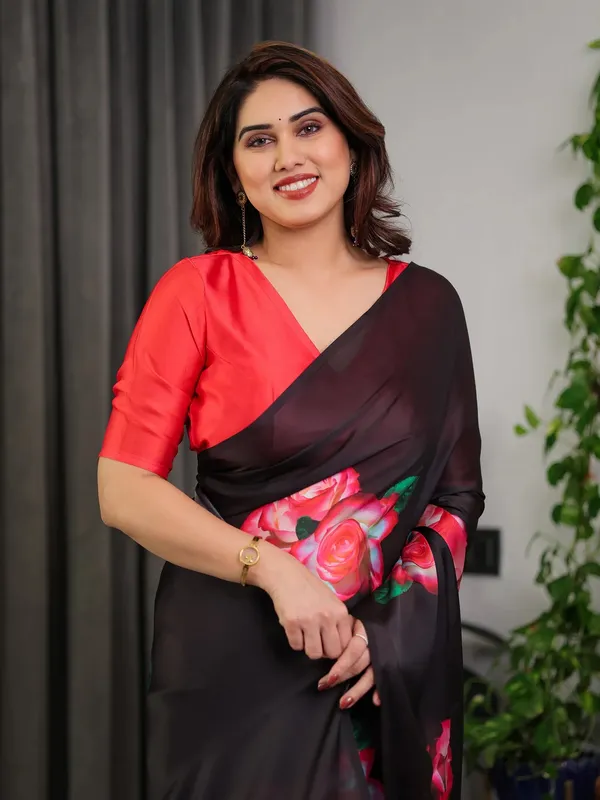 Black Satin Rose Floral Saree with Unstitched Blouse Fabric