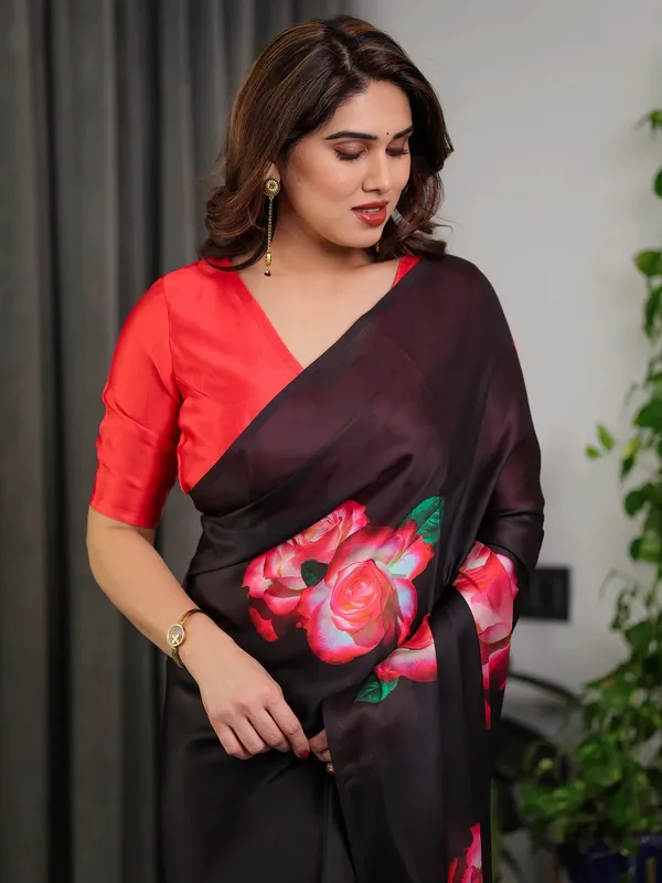 Black Satin Rose Floral Saree with Unstitched Blouse Fabric