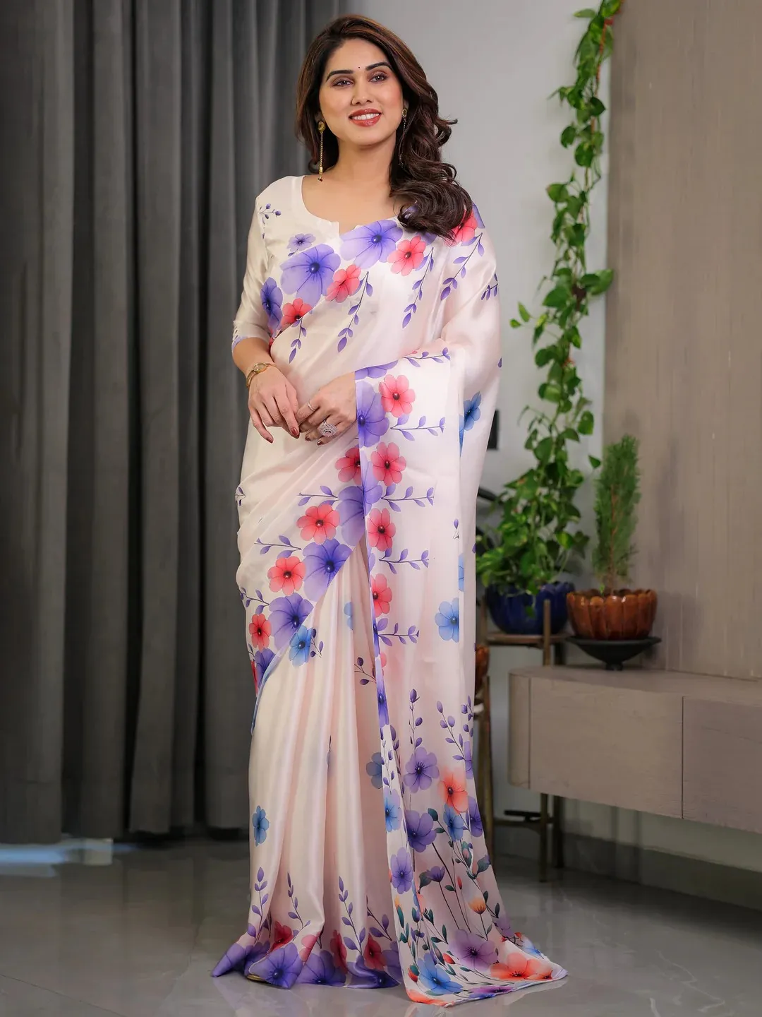 Ivory Satin Floral Print Saree with Unstitched Blouse Piece