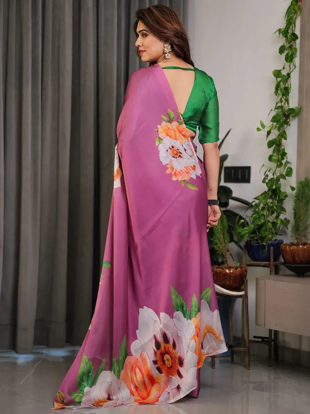 Plum Satin Floral Print Saree with Unstitched Blouse Fabric