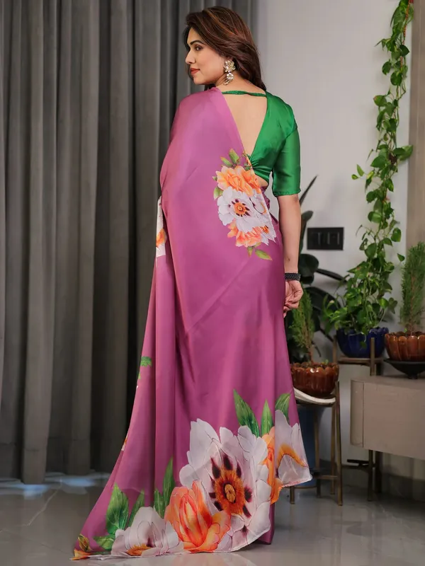 Plum Satin Floral Print Saree with Unstitched Blouse Fabric
