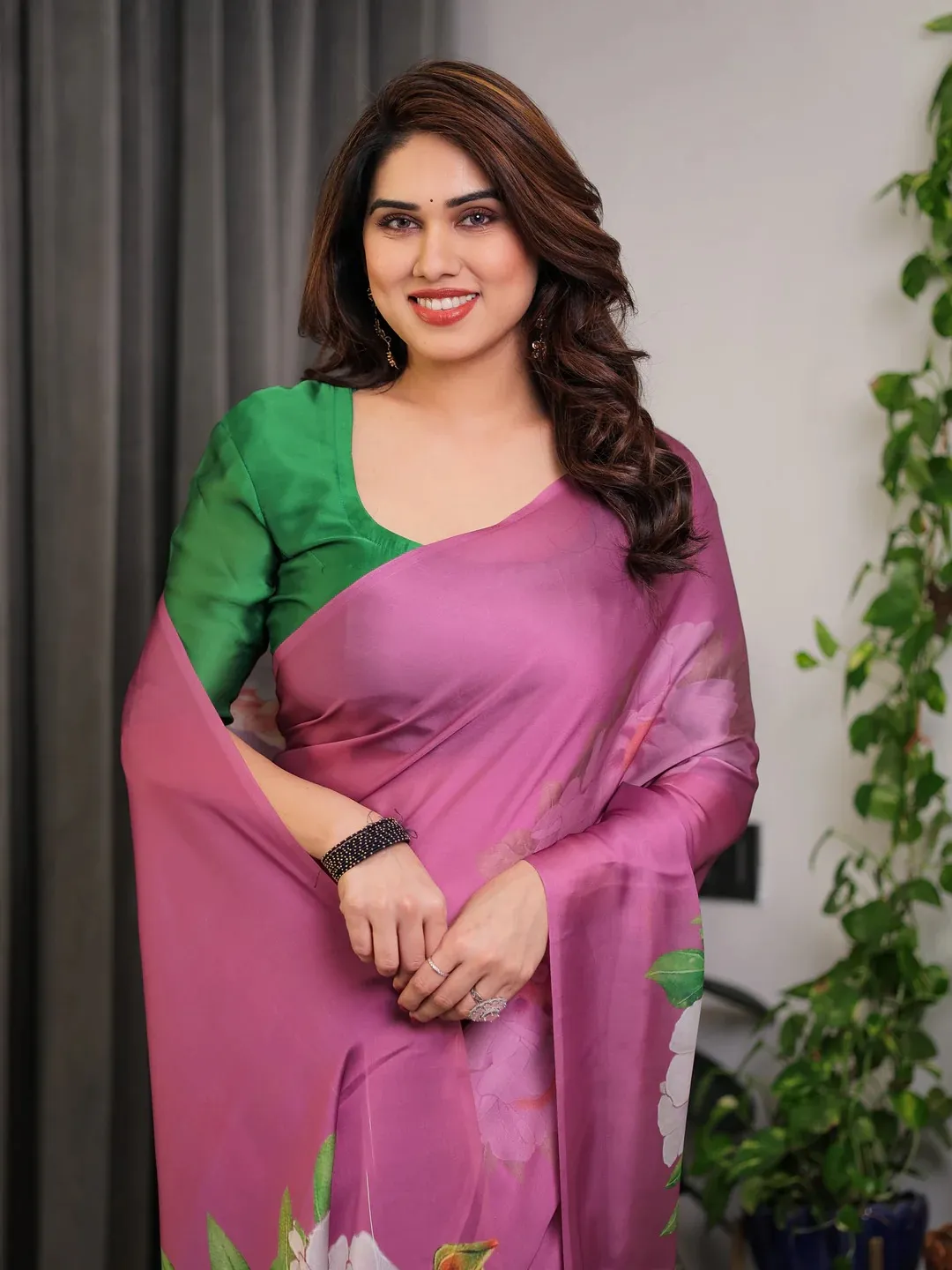 Plum Satin Floral Print Saree with Unstitched Blouse Fabric