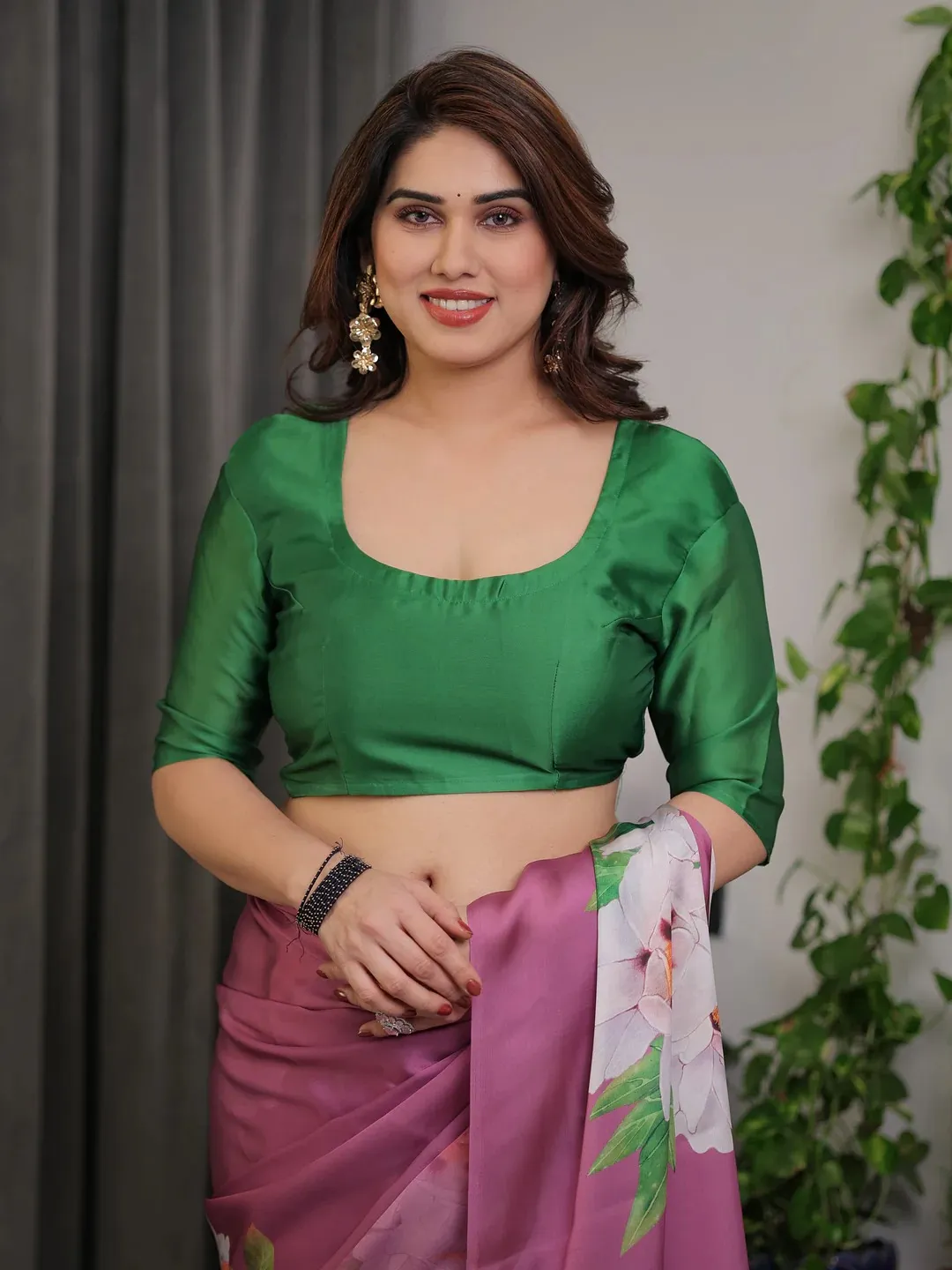 Plum Satin Floral Print Saree with Unstitched Blouse Fabric