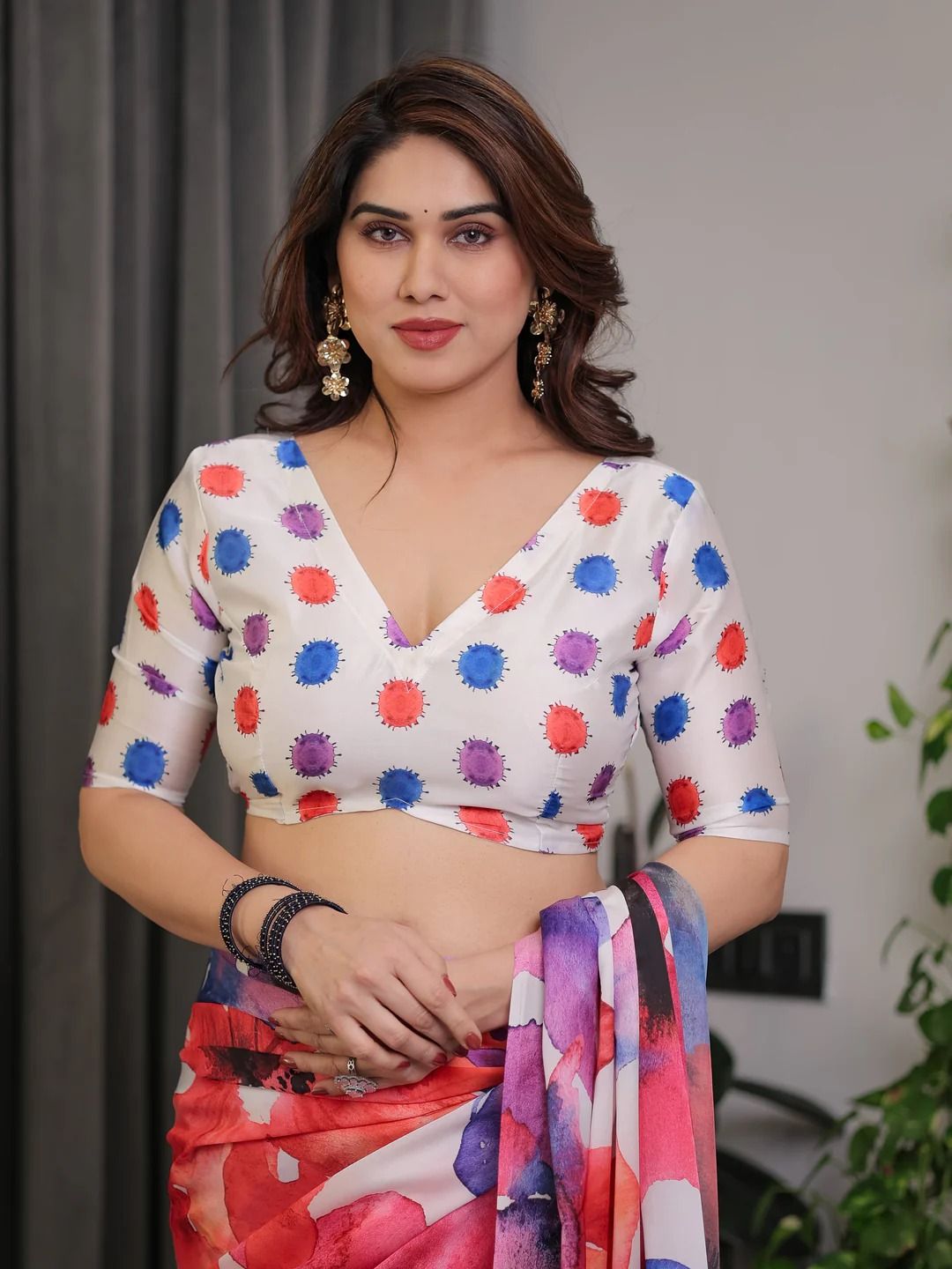 Multicolor Abstract Satin Saree with Unstitched Blouse Piece