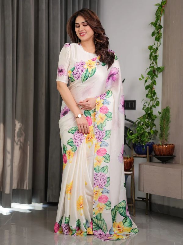Cream Floral Satin Saree with Unstitched Blouse Varnavi