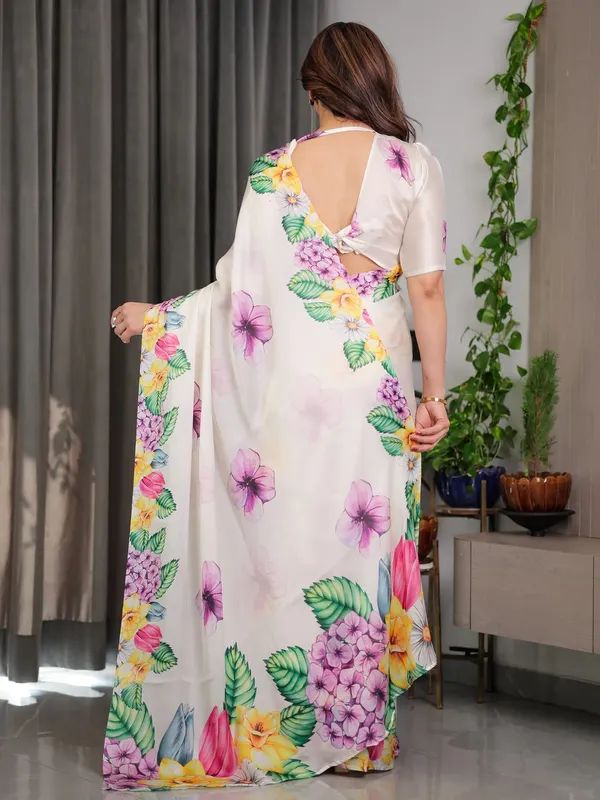 Cream Floral Satin Saree with Unstitched Blouse Varnavi