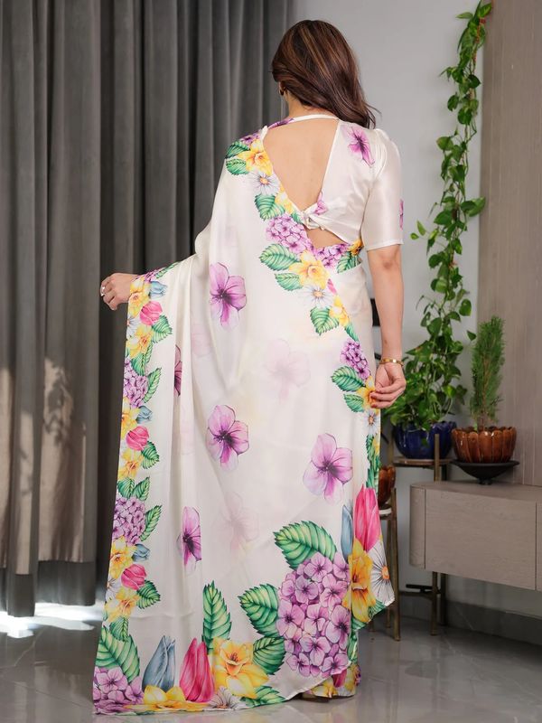 Cream Floral Satin Saree with Unstitched Blouse Varnavi