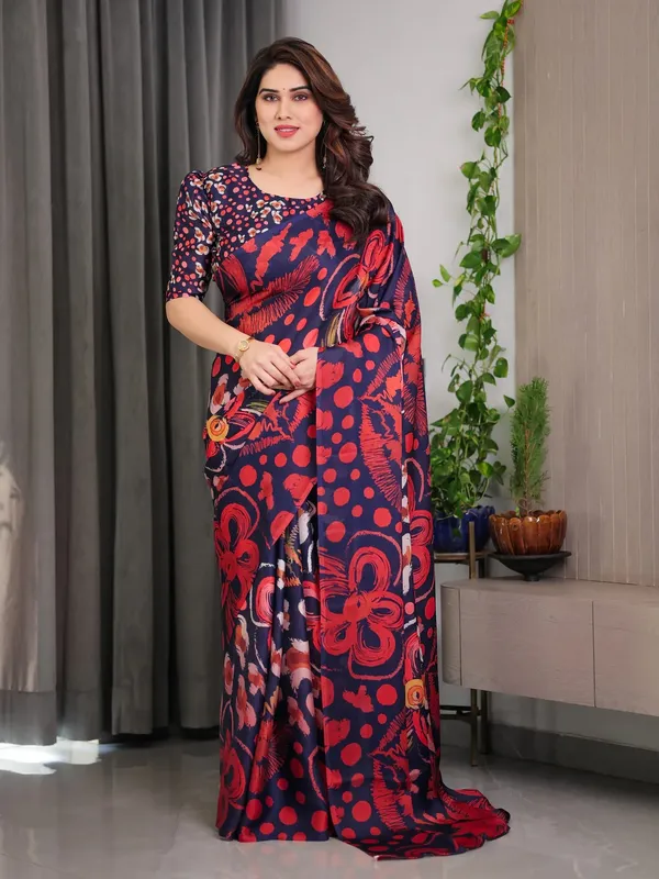 Navy Blue Printed Satin Saree with Blouse | Varnavi
