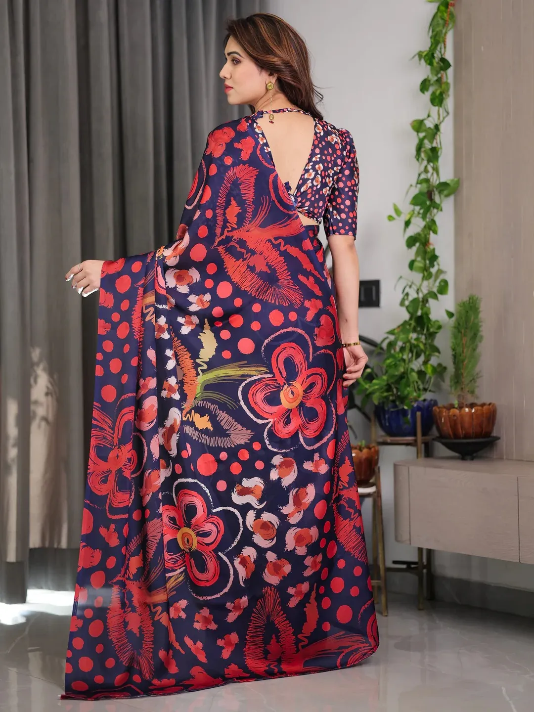 Navy Blue Printed Satin Saree with Blouse | Varnavi