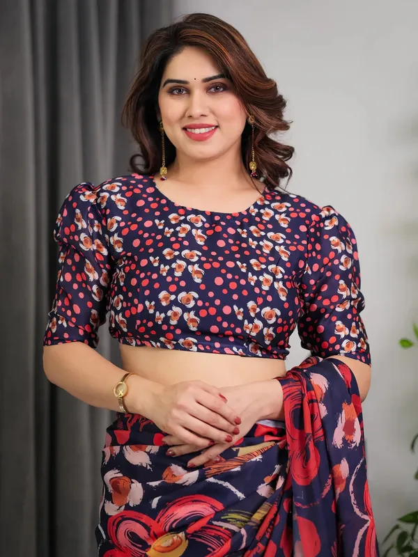 Navy Blue Printed Satin Saree with Blouse | Varnavi