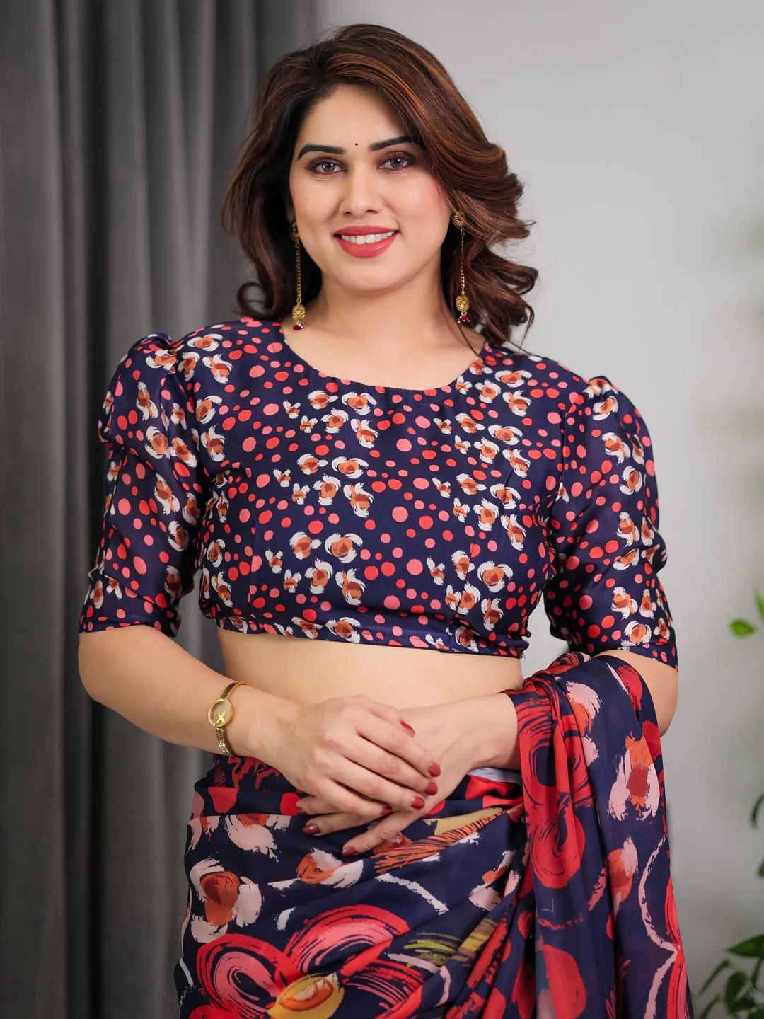 Navy Blue Printed Satin Saree with Blouse | Varnavi
