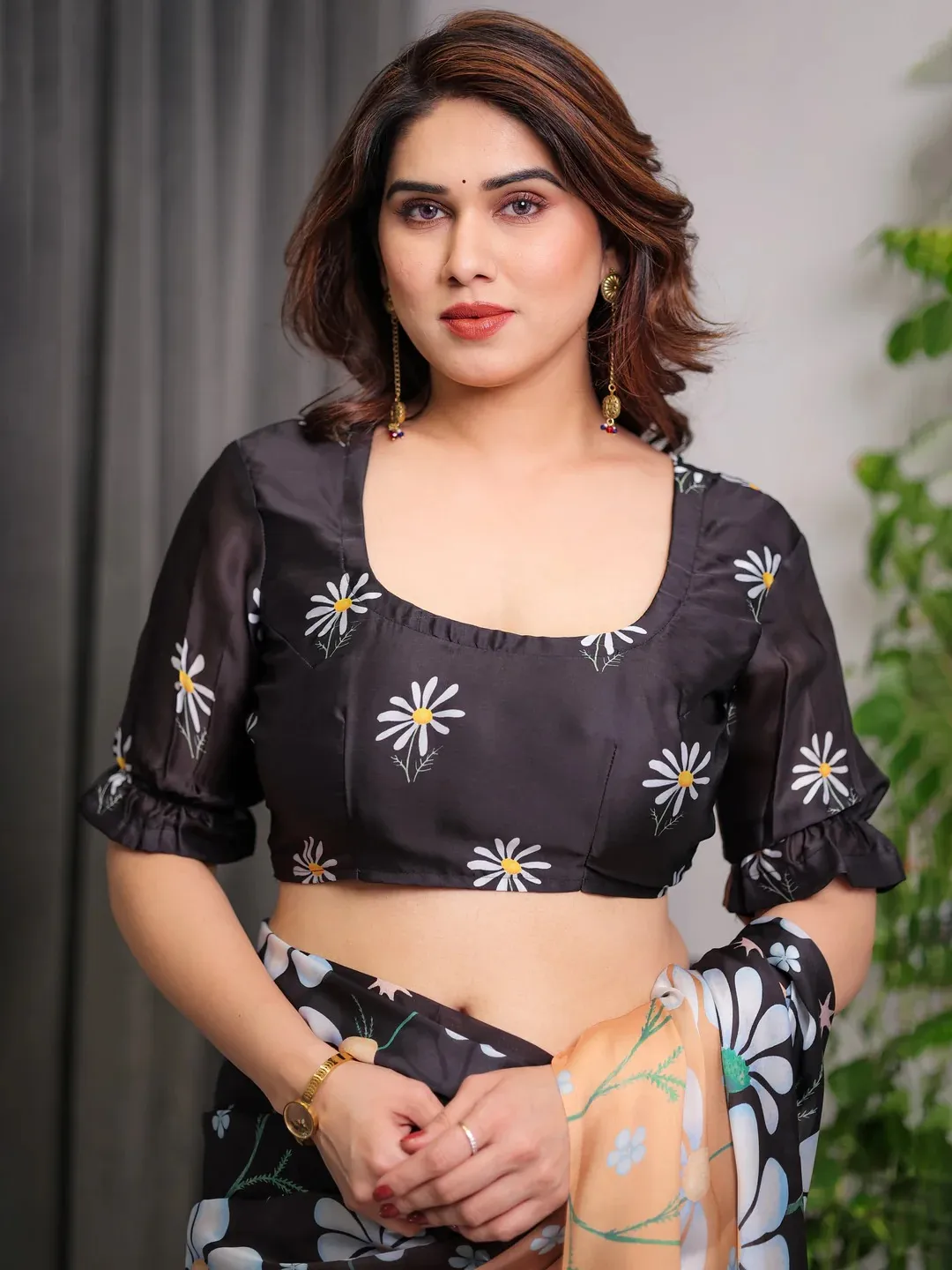 Black Peach Floral Satin Saree with Blouse | Varnavi