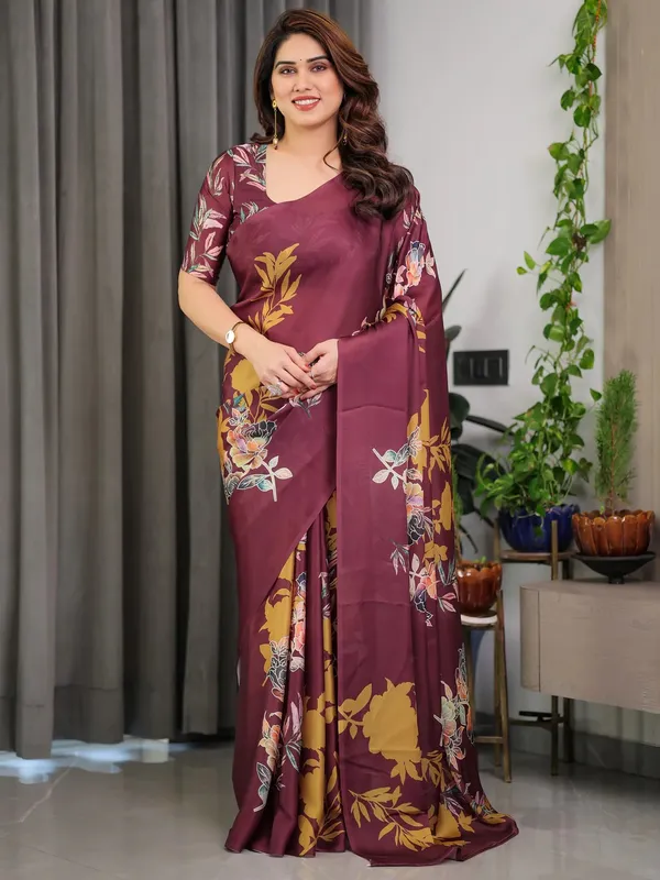 Wine Floral Satin Saree with Unstitched Blouse | Varnavi