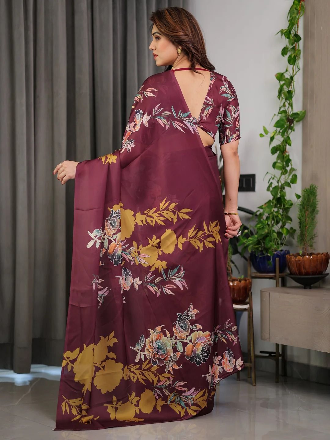 Wine Floral Satin Saree with Unstitched Blouse | Varnavi