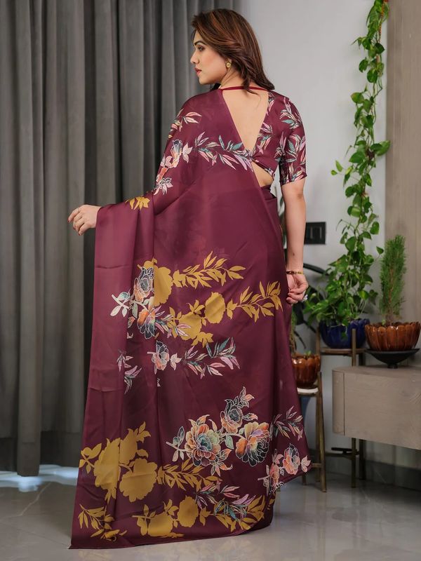 Wine Floral Satin Saree with Unstitched Blouse | Varnavi
