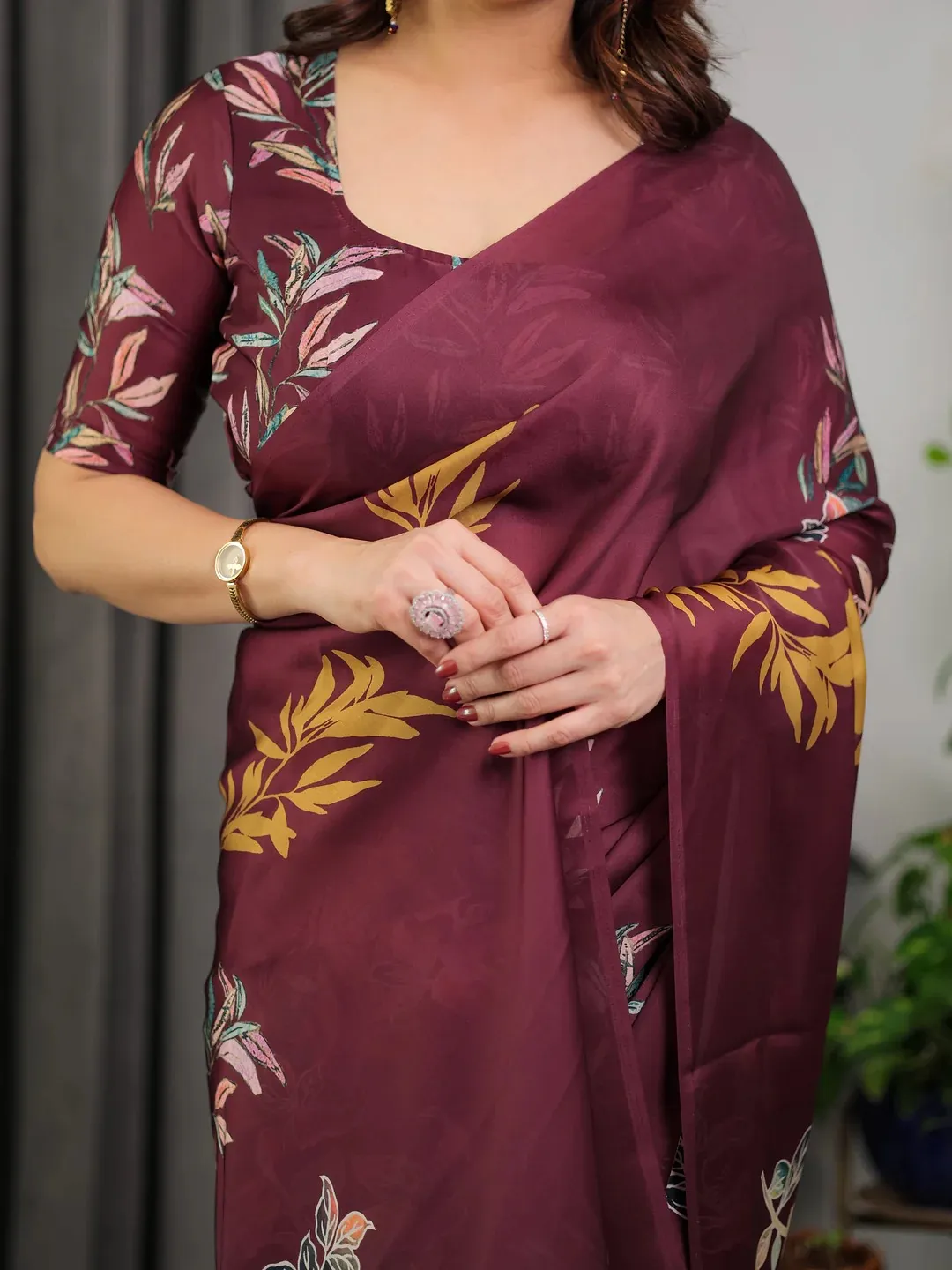 Wine Floral Satin Saree with Unstitched Blouse | Varnavi
