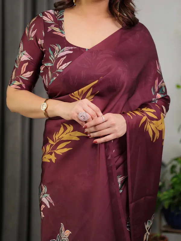 Wine Floral Satin Saree with Unstitched Blouse | Varnavi