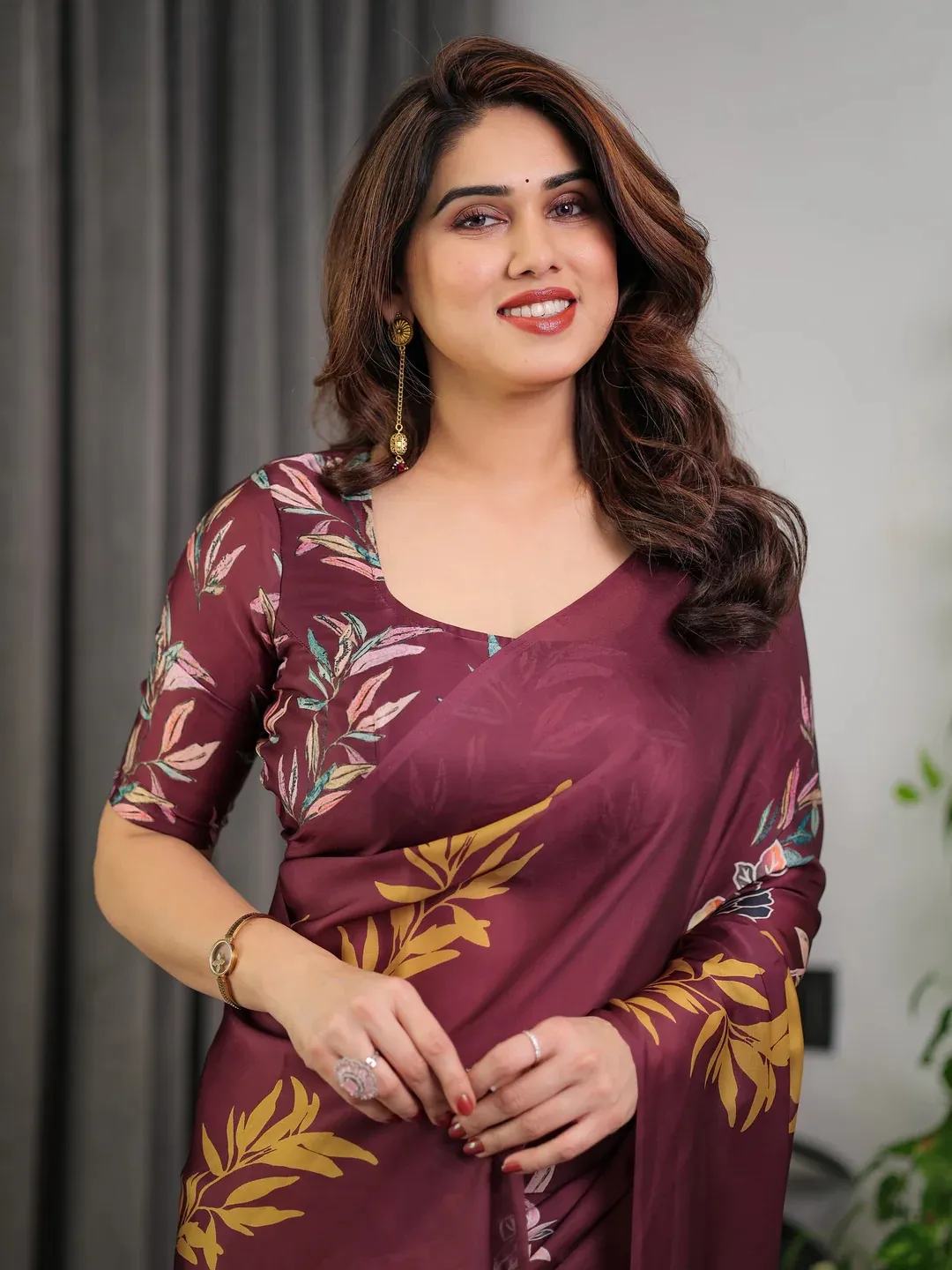 Wine Floral Satin Saree with Unstitched Blouse | Varnavi