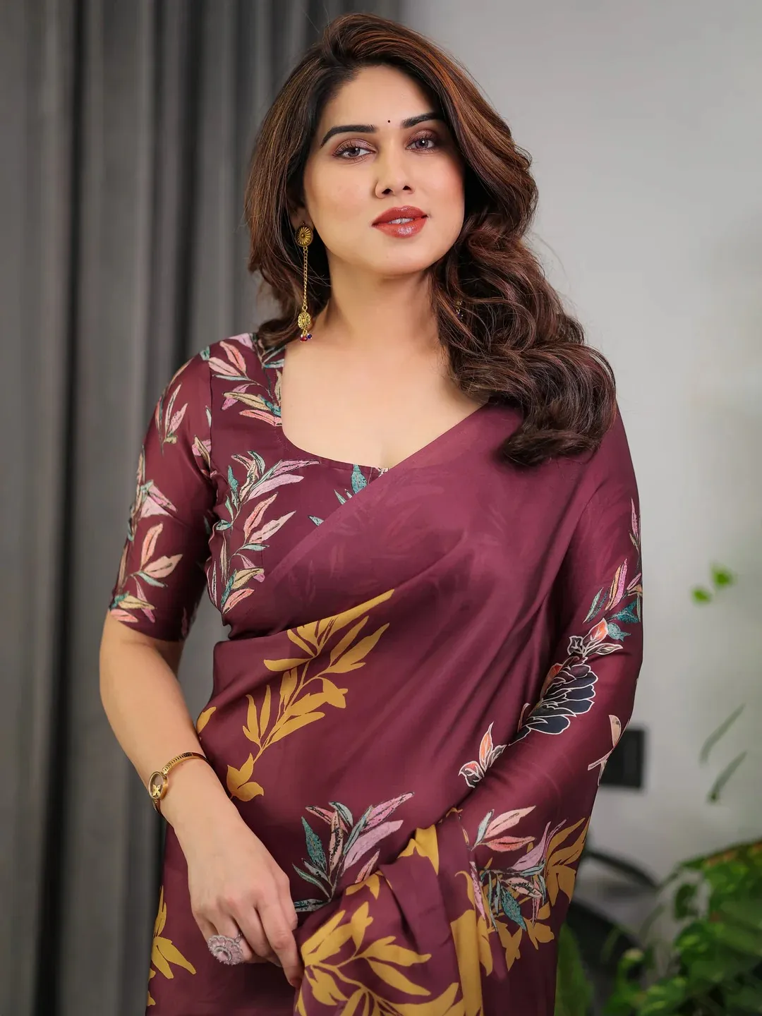 Wine Floral Satin Saree with Unstitched Blouse | Varnavi