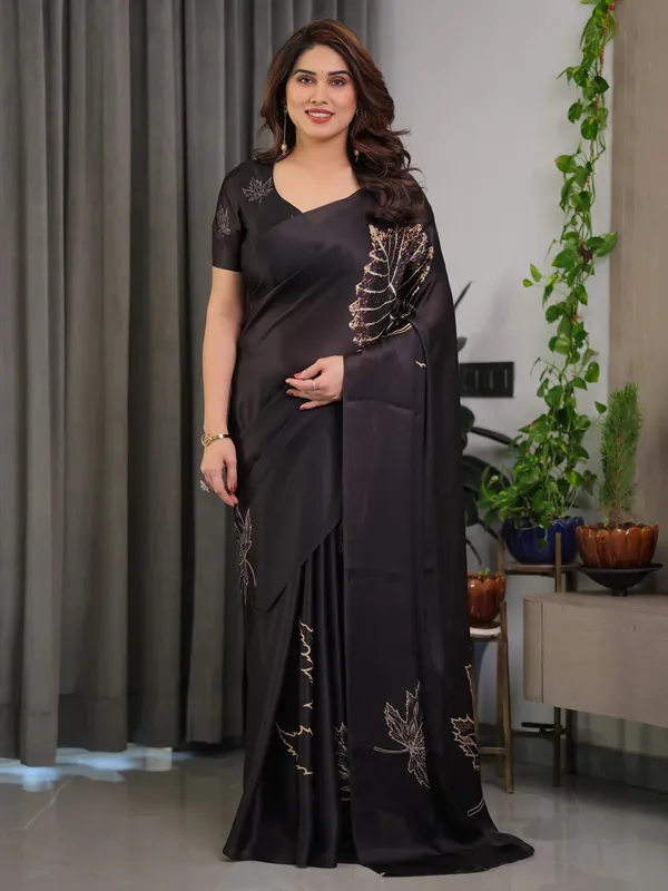 Black Satin Saree with Leaf Print & Blouse | Varnavi
