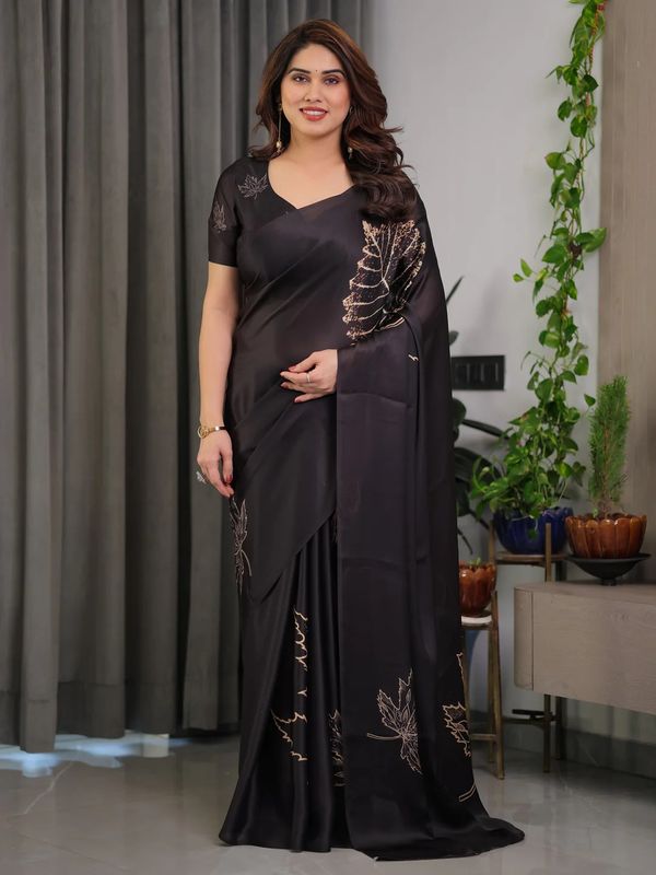 Black Satin Saree with Leaf Print & Blouse | Varnavi