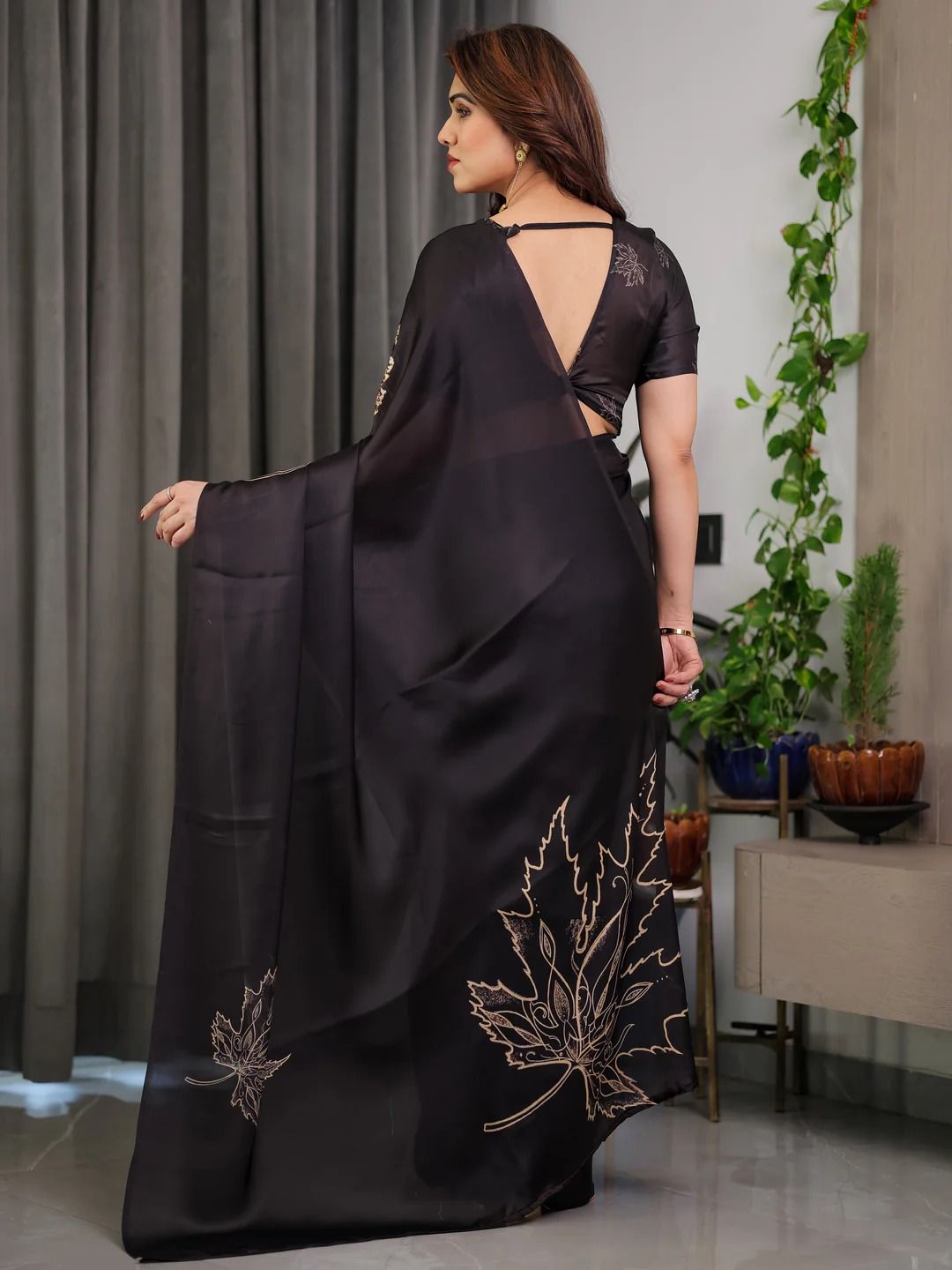 Black Satin Saree with Leaf Print & Blouse | Varnavi