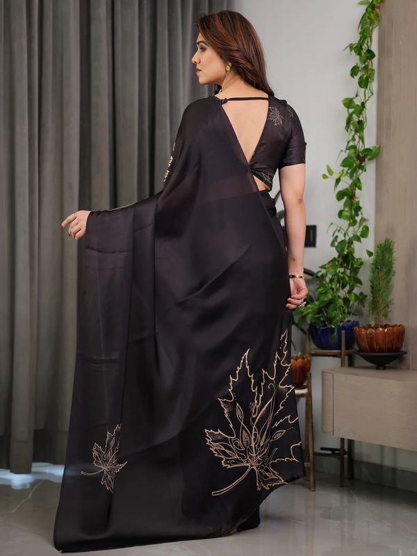 Black Satin Saree with Leaf Print & Blouse | Varnavi