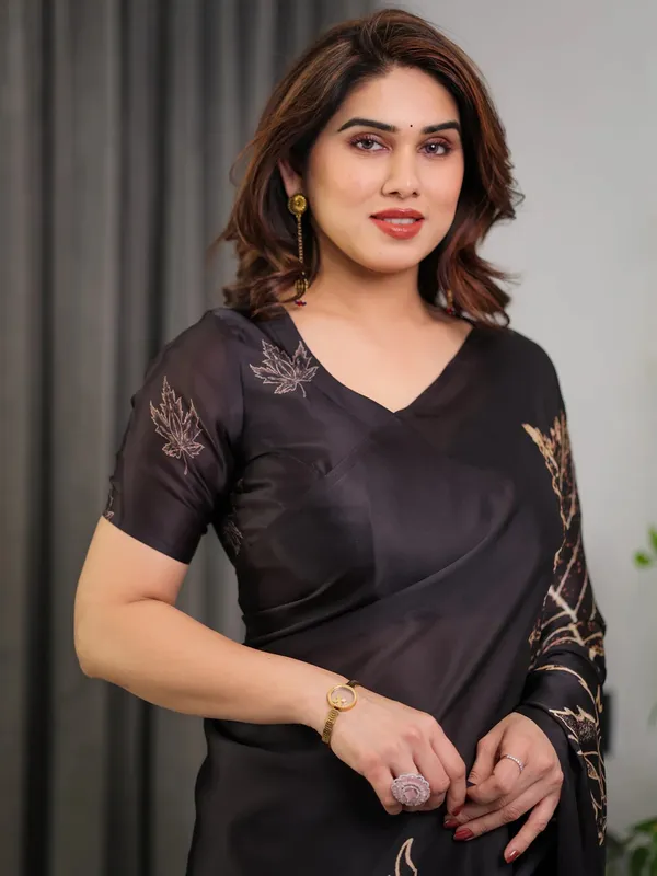 Black Satin Saree with Leaf Print & Blouse | Varnavi