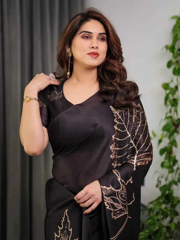 Black Satin Saree with Leaf Print & Blouse | Varnavi