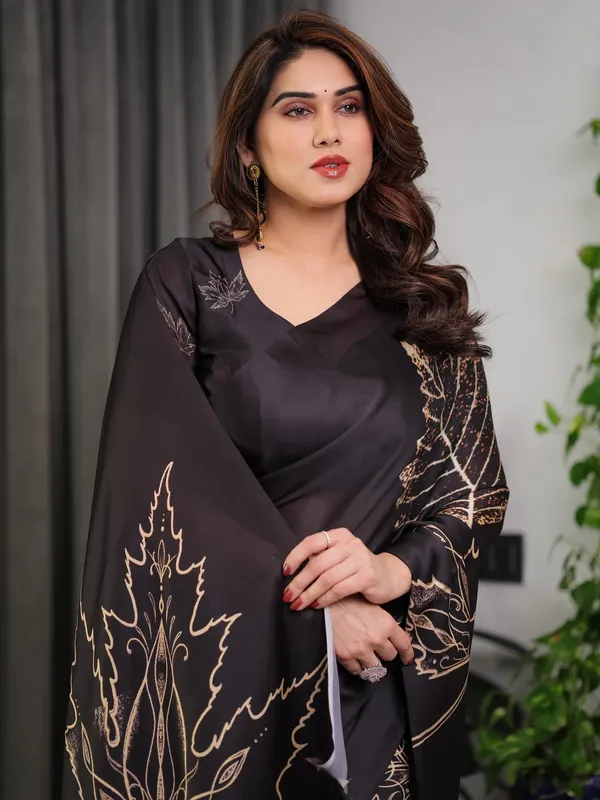 Black Satin Saree with Leaf Print & Blouse | Varnavi