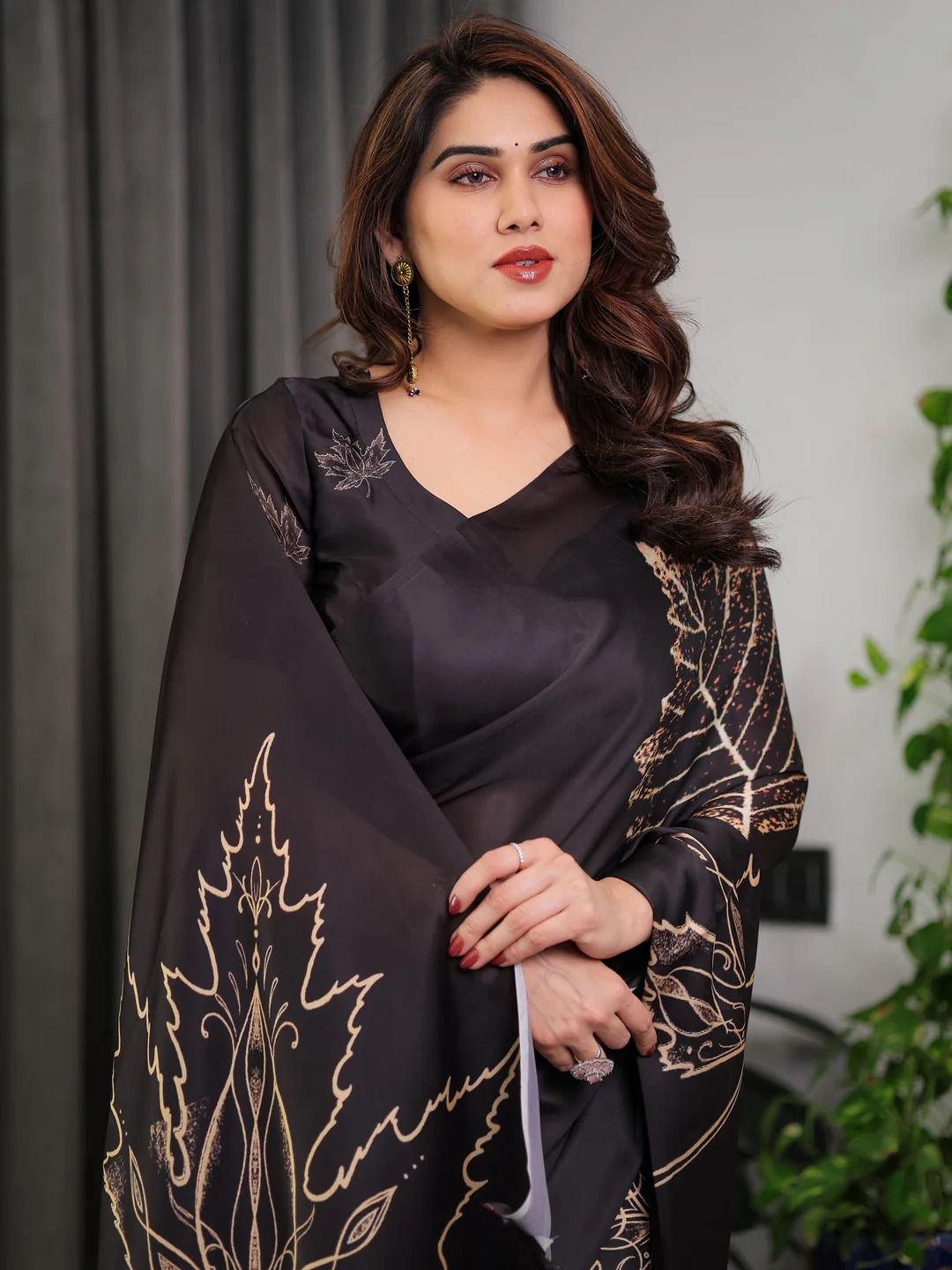 Black Satin Saree with Leaf Print & Blouse | Varnavi