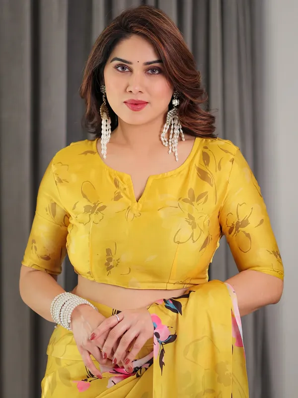 Yellow Floral Satin Saree & Unstitched Blouse | Varnavi