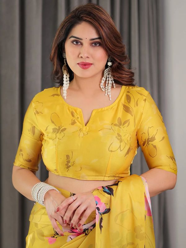 Yellow Floral Satin Saree & Unstitched Blouse | Varnavi