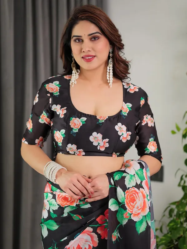 Black Floral Satin Saree with Unstitched Blouse Varnavi