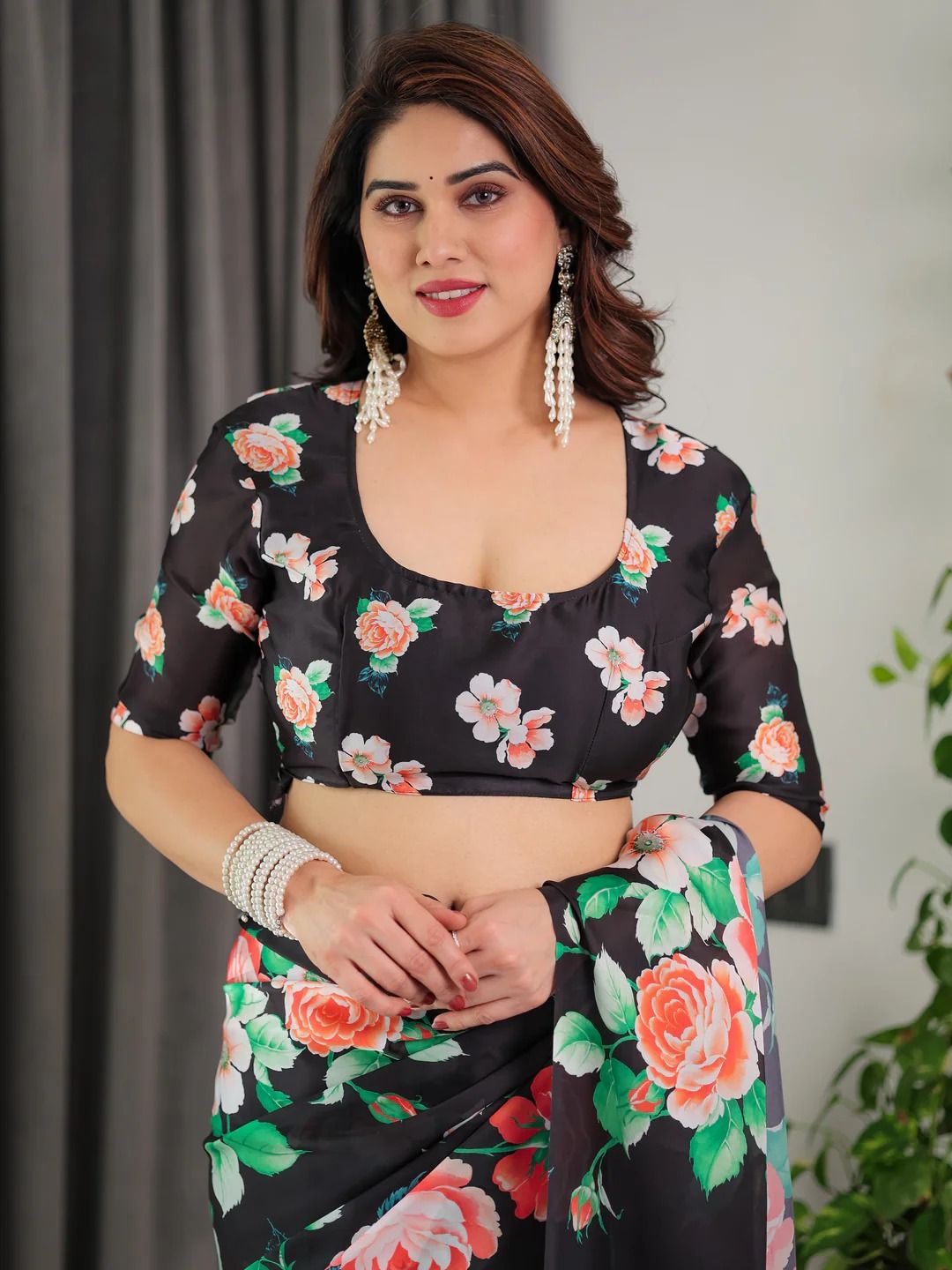 Black Floral Satin Saree with Unstitched Blouse Varnavi