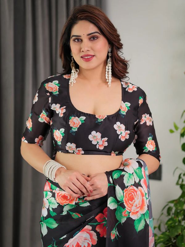 Black Floral Satin Saree with Unstitched Blouse Varnavi