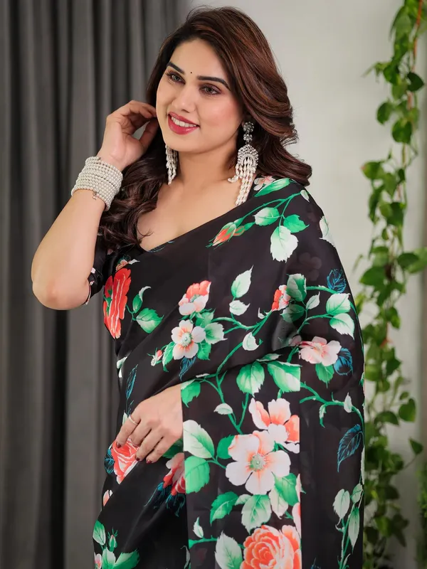 Black Floral Satin Saree with Unstitched Blouse Varnavi