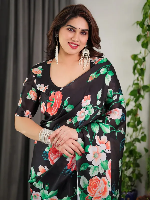 Black Floral Satin Saree with Unstitched Blouse Varnavi